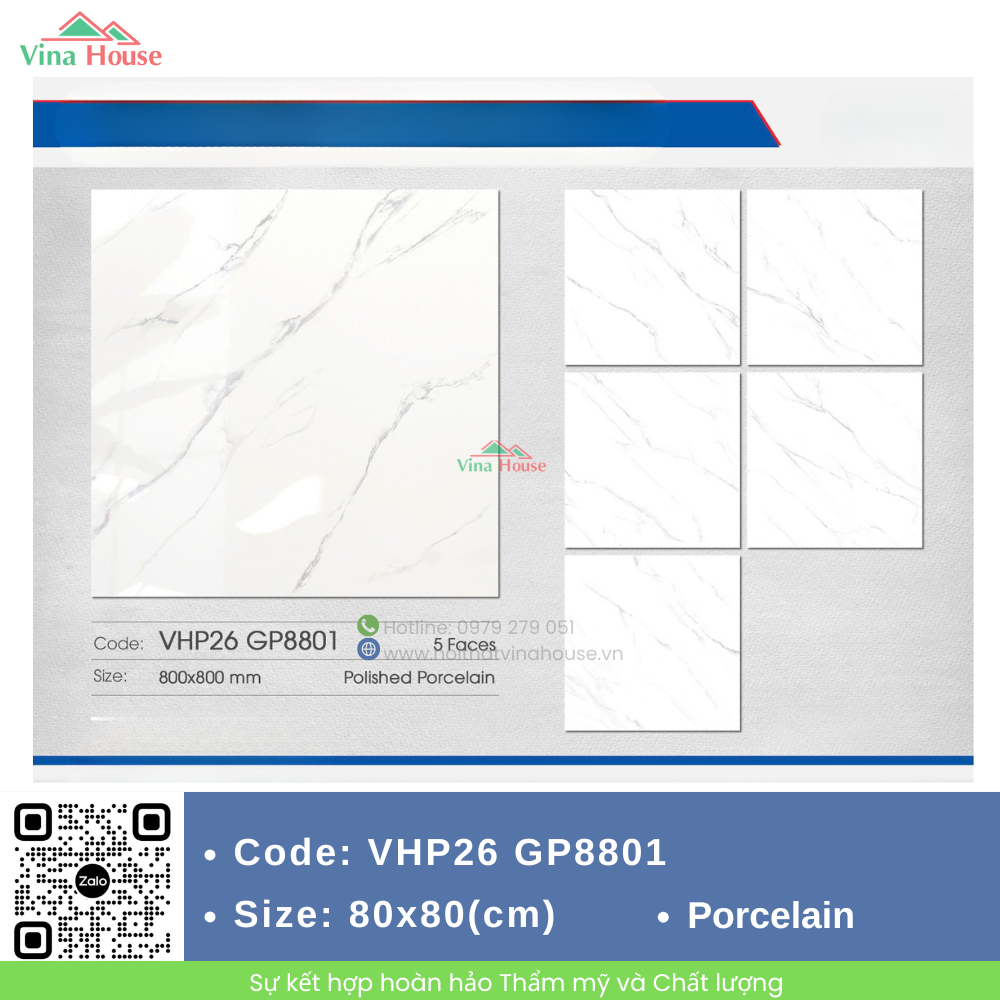 Gạch ốp lát 80x80 Viglacera VHP26 GP8801 Bóng