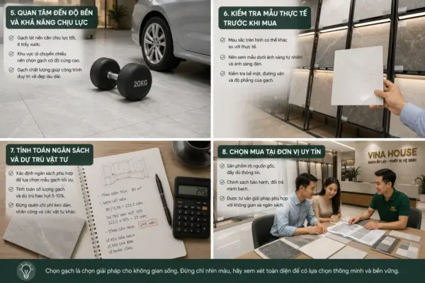 Chọn gạch không chỉ nhìn màu. Khám phá 7 điều gia chủ cần biết về chất liệu, kích thước, bề mặt, công năng và độ bền để chọn gạch phù hợp nhất cho nhà đẹp bền.