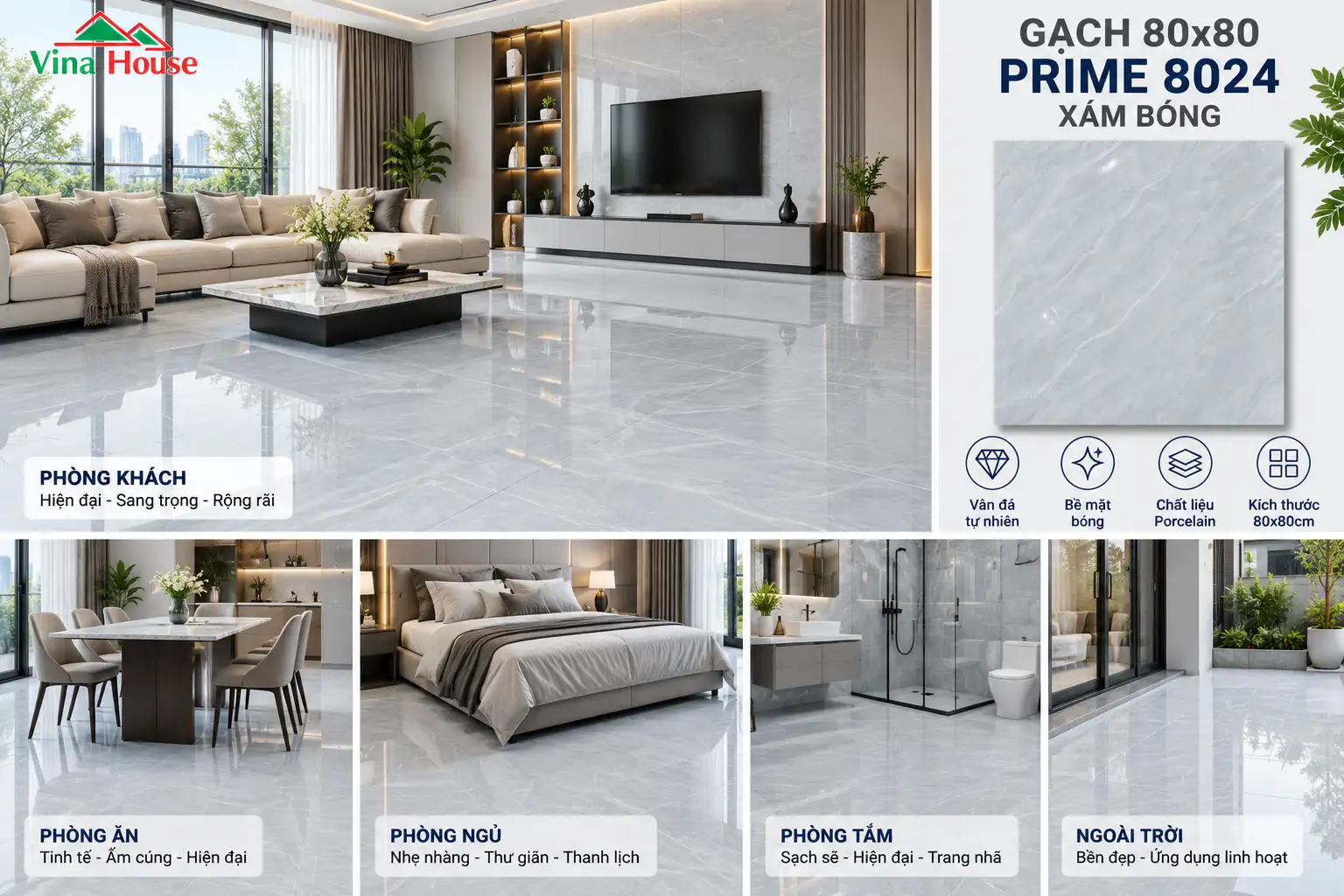 Gạch 80x80 Prime 8024 Xám Bóng Gạch 80x80 Prime 8024 Xám Bóng