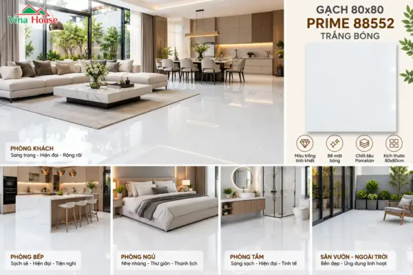 Gạch 80×80 Prime 88552 Trắng Bóng